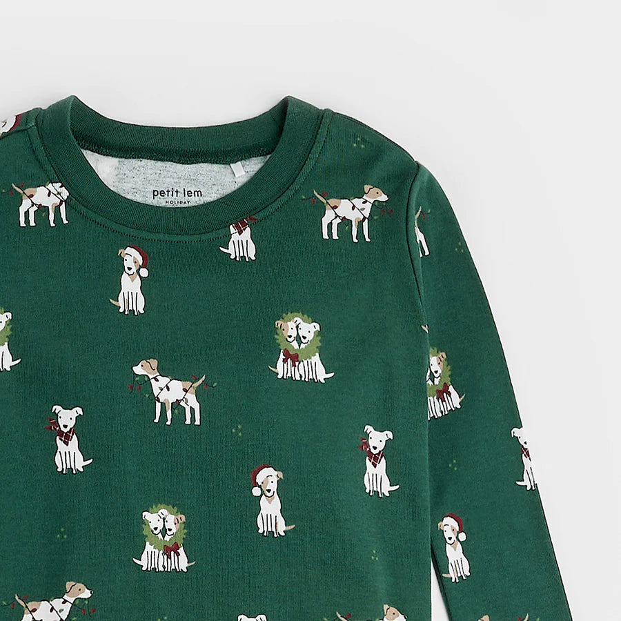 Petit lem - Ensemble pyjama vert sapin à imprimé «Chiens festifs»