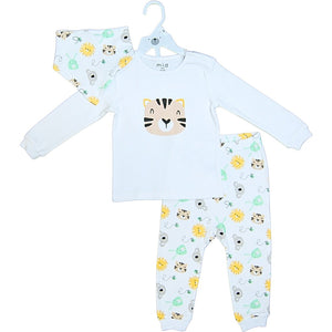 MID - Pyjama 3 morceaux bavoir animaux, chandail blanc et pantalon beige