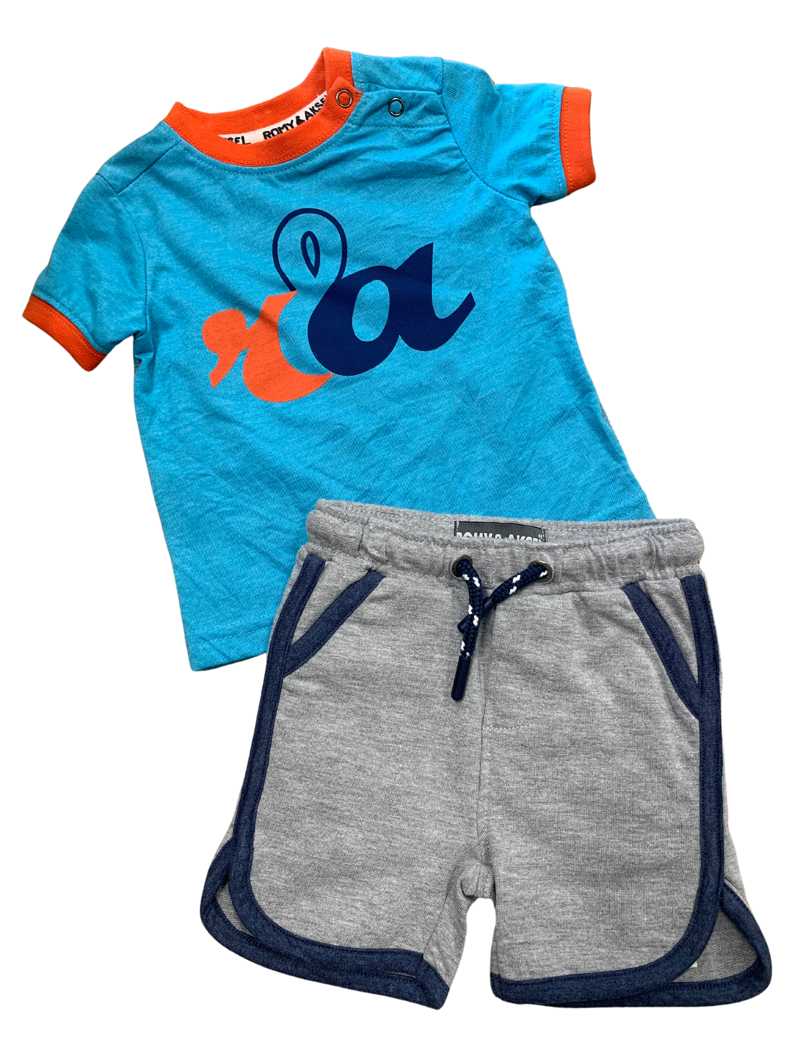 Romy et Aksel - Ensemble Chandail bleu et orange avec short, 3 mois