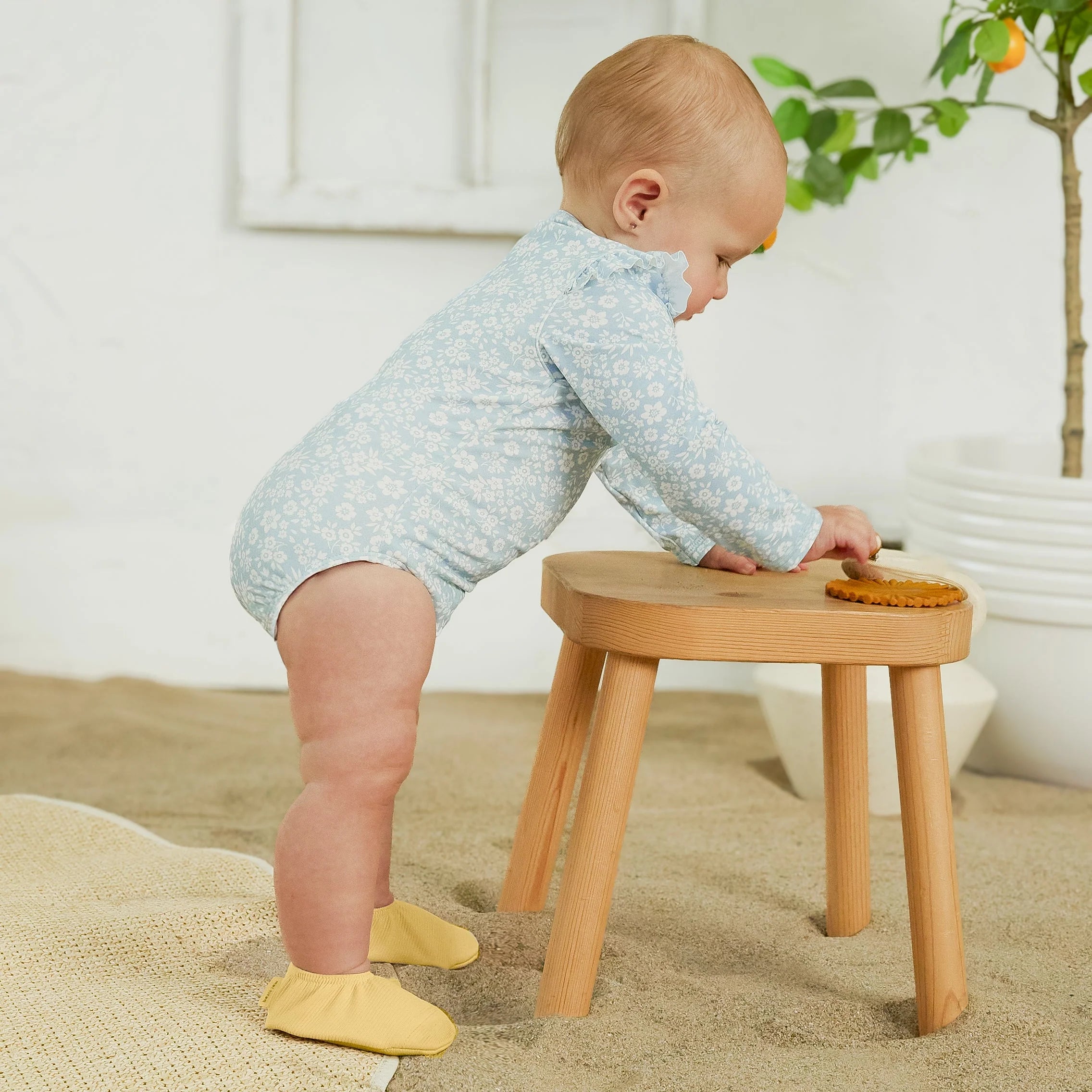 Petit lem - Maillot de bain manches longues bleu ciel à imprimé floral