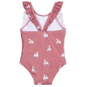 Petit lem - Maillot de bain une pièce rose imprimée de cygnes