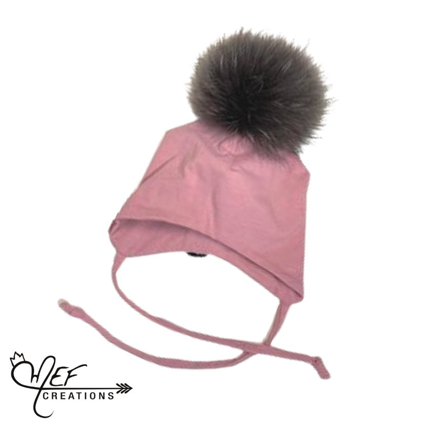 M.E.F Créations - Tuque à pompon doublée en coton avec attache - Vieux rose NB