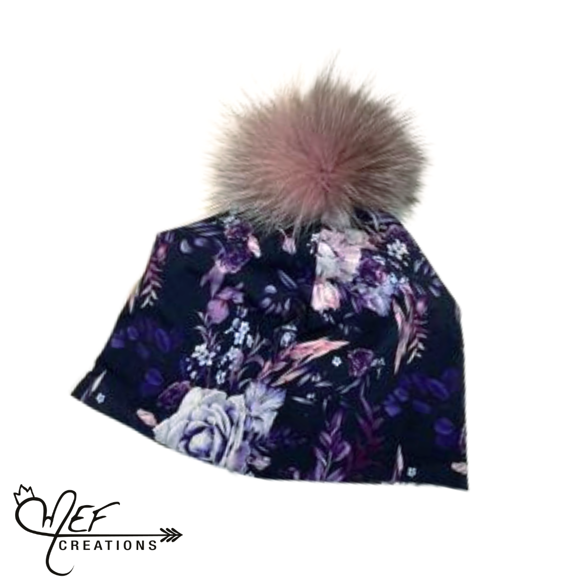 M.E.F Créations - Tuque à pompon doublure en coton - Fleuris mauve adulte 23 pouce