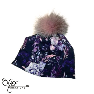 M.E.F Créations - Tuque à pompon doublure en coton - Fleuris mauve adulte 23 pouce