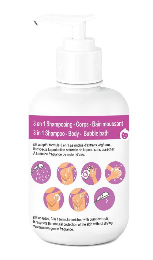 Gom-mee - NETTOYANT MOUSSANT 3 en 1 Shampooing-corps-bain moussant (PARFUM de MELON D’EAU)