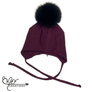 M.E.F Créations - Tuque à pompon doublée en coton avec attache - Rouge vin