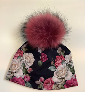 MEF  Créations - Tuque doublée polar hiver - fleuri rosé adulte 21 pouce