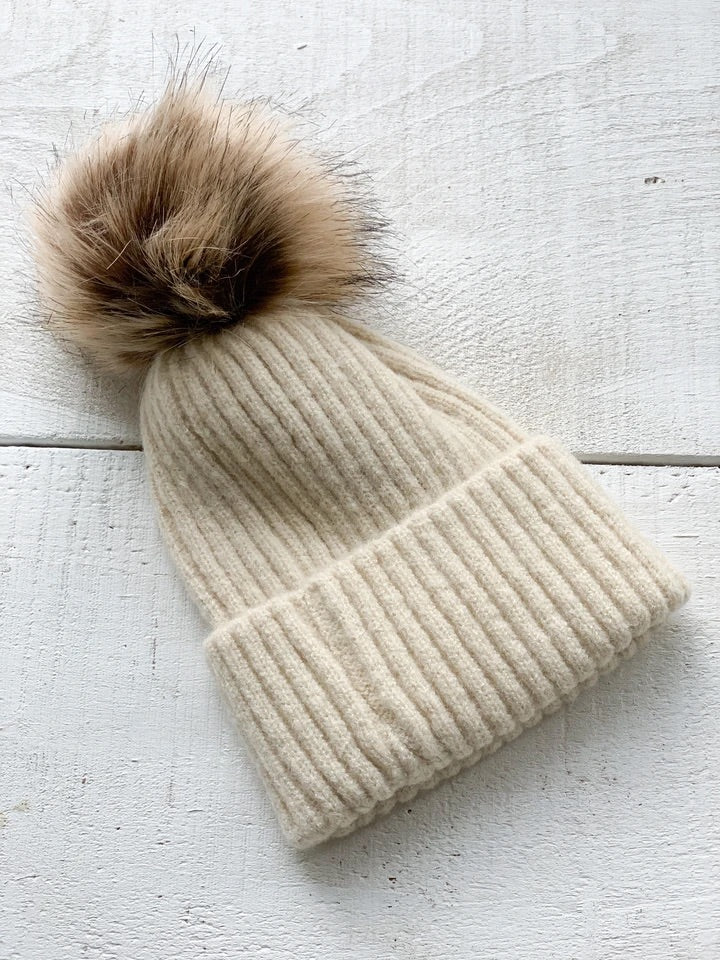 Mini bretzel- tuque beige à pompon 6-24 mois