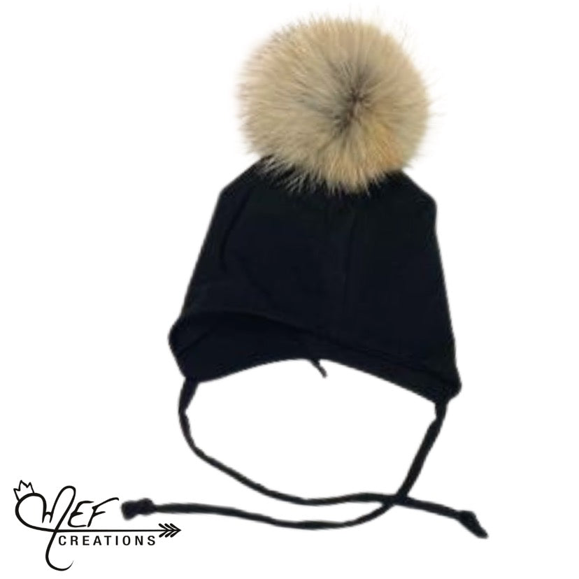 M.E.F Créations - Tuque à pompon doublée en coton avec attache - Noir