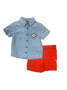 Romy&aksel et Tuc tuc - Ensemble chemise bleue et short rouge, 9 mois